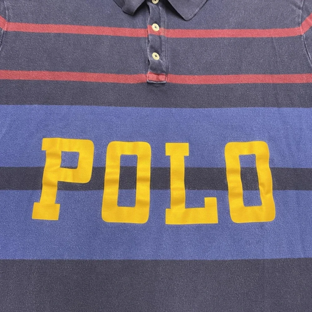 Polo Ralph Lauren Polo Shirt Mens 2XL Blue Stripe Classic Fit POLO Logo Front